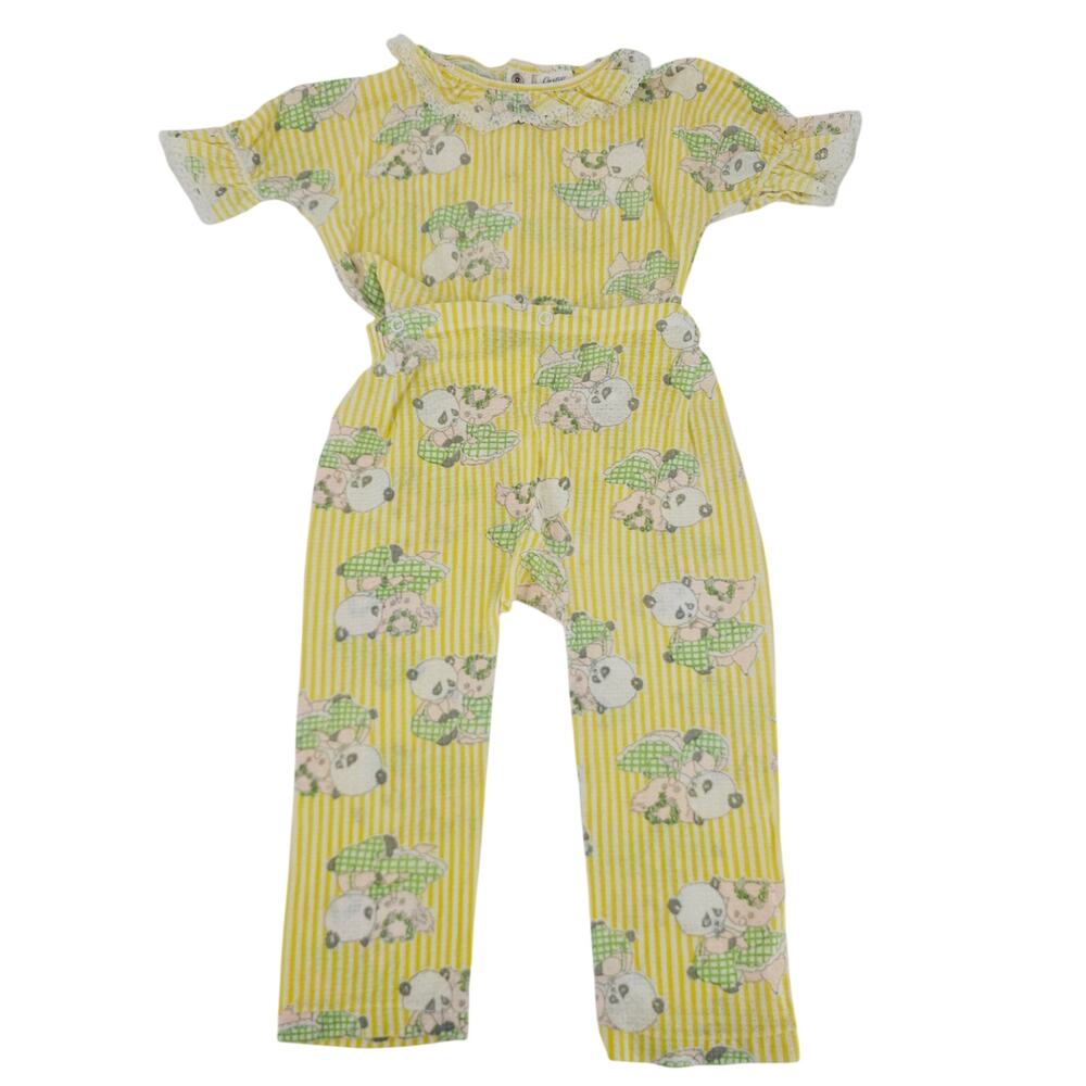 Vintage 70s Carter's Yellow Panda Pinstripe Pajama 2 Piece Sleepwear Girl 4 4037